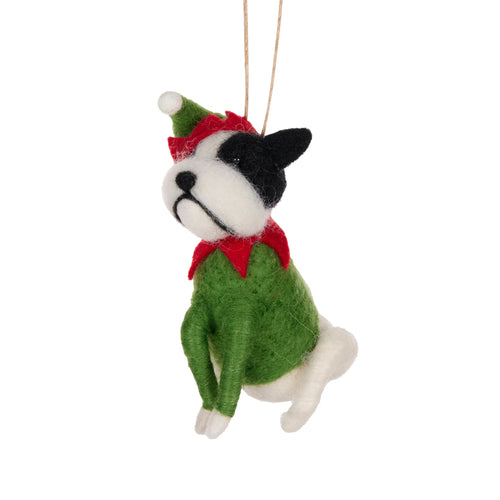 Hanging Decoration Wool Bulldog in Elf Suit