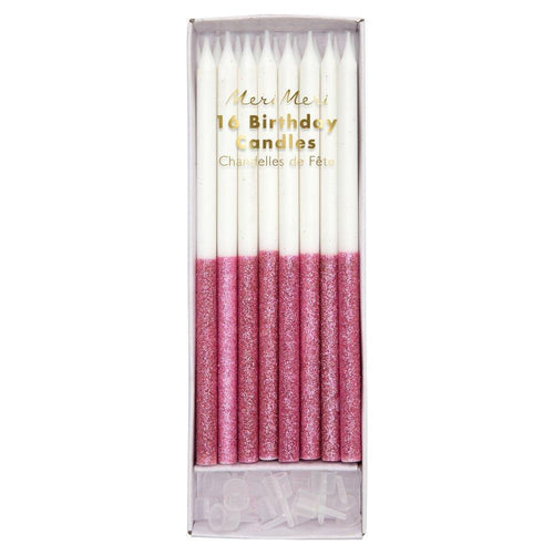 Pink Glitter Dipped Party Candles Set 16