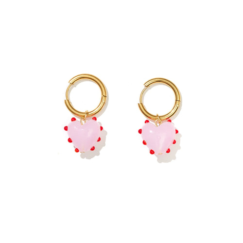 Emeldo Heart Drop Hoop Earrings // Red + Pink on Gold