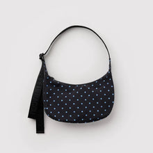 Load image into Gallery viewer, Baggu Small Nylon Crescent Bag - Black and Sky Blue Micro Dot