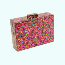 Load image into Gallery viewer, Pink Rainbow Confetti Lightning Bolt Acrylic Cyndi Clutch