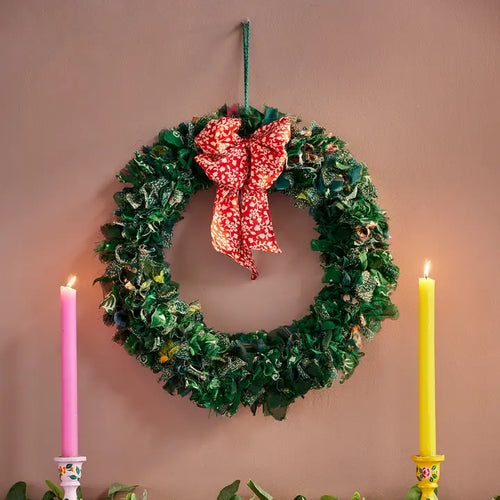 Recycled Sari Green Wreath with Bow Small