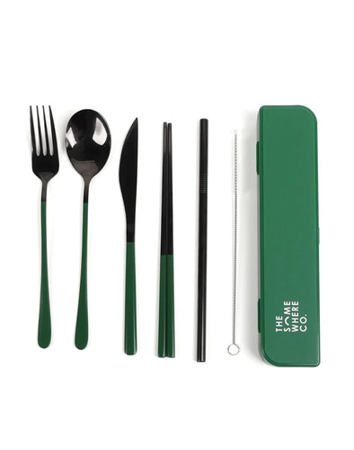 The Somewhere Co Cutlery Kit - Black with Forest Green Handle