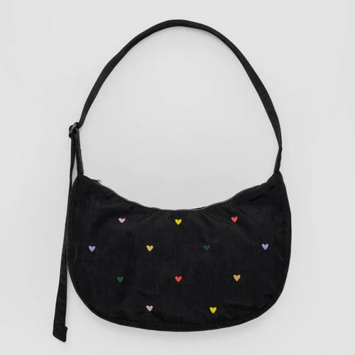 Baggu Medium Nylon Crescent Bag Embroidered Hearts