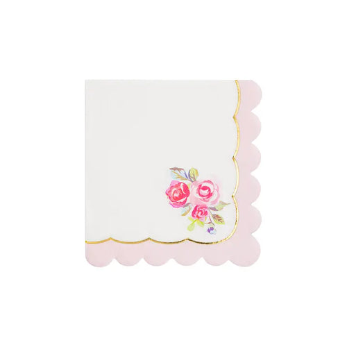 Tea Party Rose Corner Paper Cocktail Napkin (Pack 32)