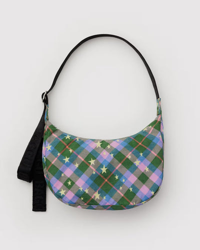 Baggu Medium Nylon Cresent Bag Green Star Plaid