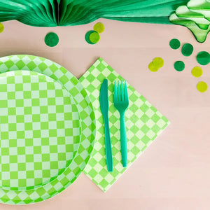 Checkered Lime Green Plates Large  (Pack 8)