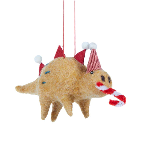 Hanging Decoration Wool T-Rex with Candy Cane