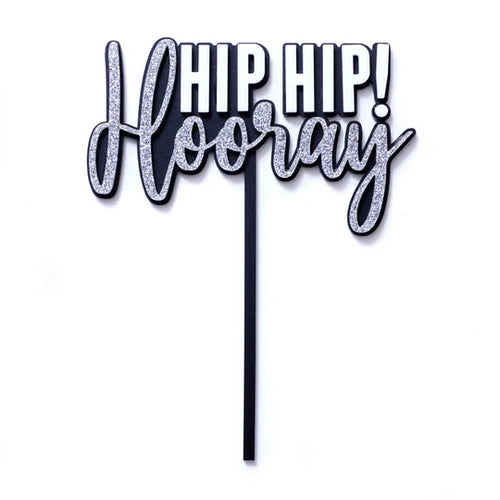 Hip Hip Hooray Silver Glitter/ Black/White Cake Topper