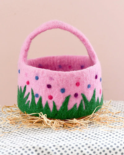 Felt Pink Easter Basket with Colourful Dots