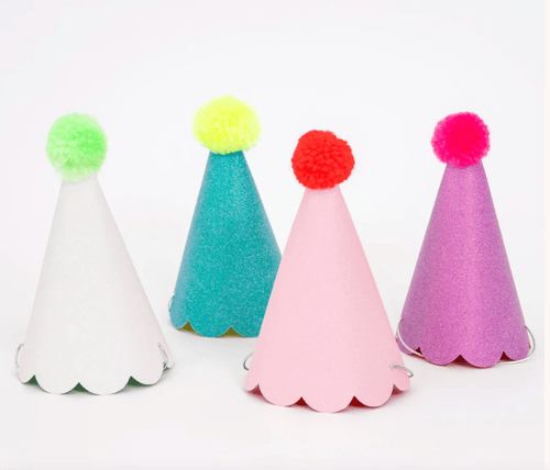 Glitter Pom Pom Party Hats (Pack 8)