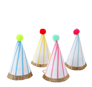 Mini Stripe Pom Pom Party Hats (Pack 8)