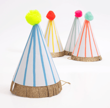 Load image into Gallery viewer, Striped Pom Pom Party Hats (Pack 8)