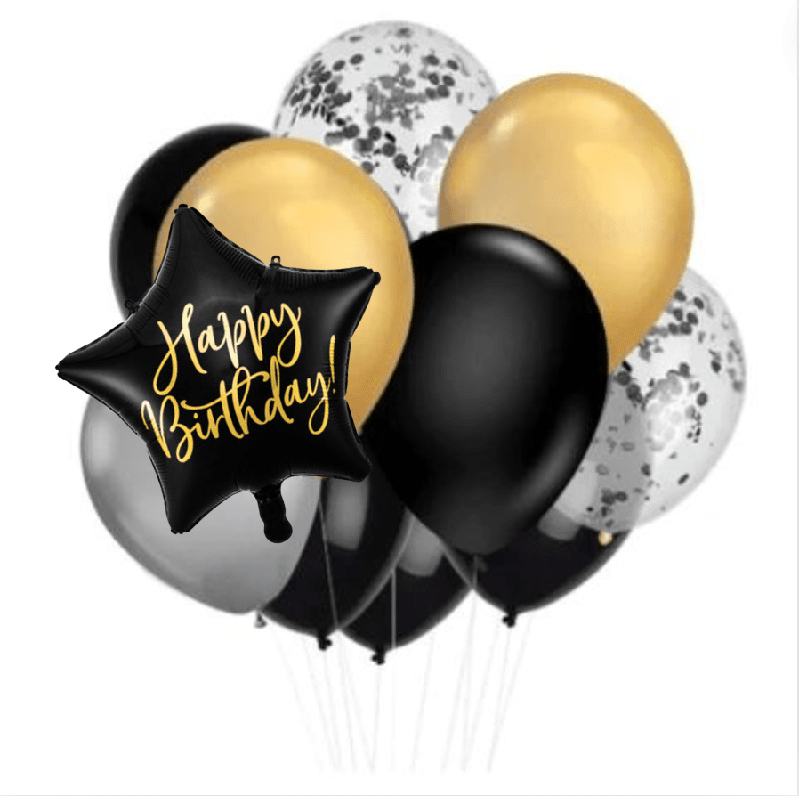 INFLATED Balloon Bunch Black Tie + Happy Birthday Foil