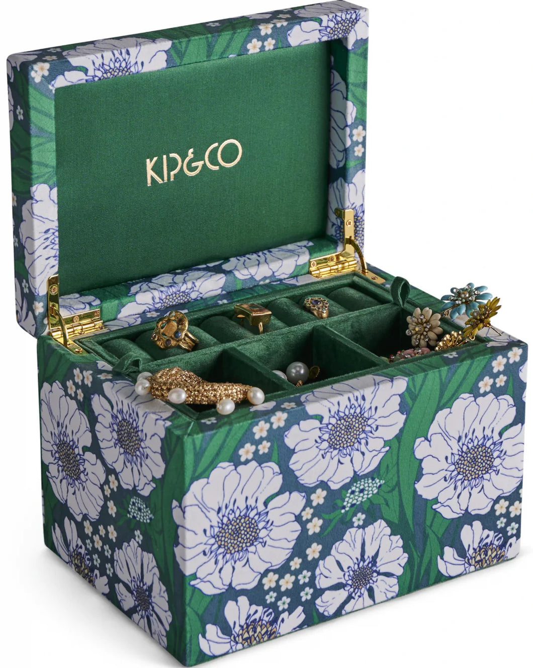 KIP & Co. Tumbling Flowers Green Velvet Jewellery Box Large