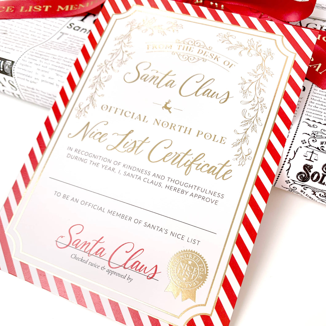 Santa's Nice List Certificate - Red White Stripe