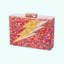 Load image into Gallery viewer, Pink Rainbow Confetti Lightning Bolt Acrylic Cyndi Clutch