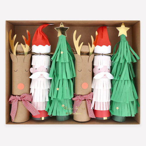 Santa, Reindeer & Tree Christmas Crackers (Pack 6)
