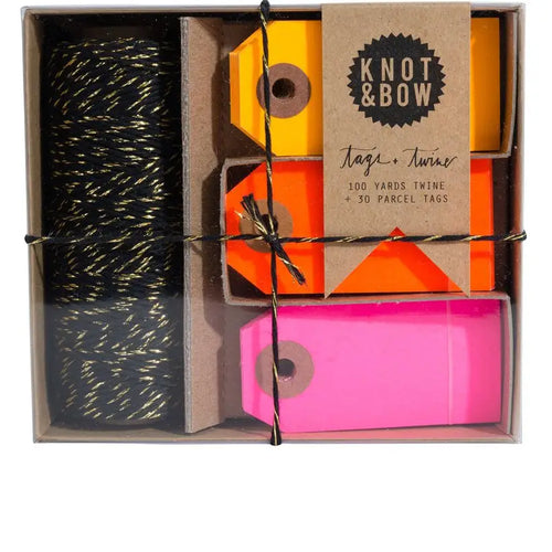 Knot & Bow Gift Tag & Twine Box - Black Gold Warm Neon