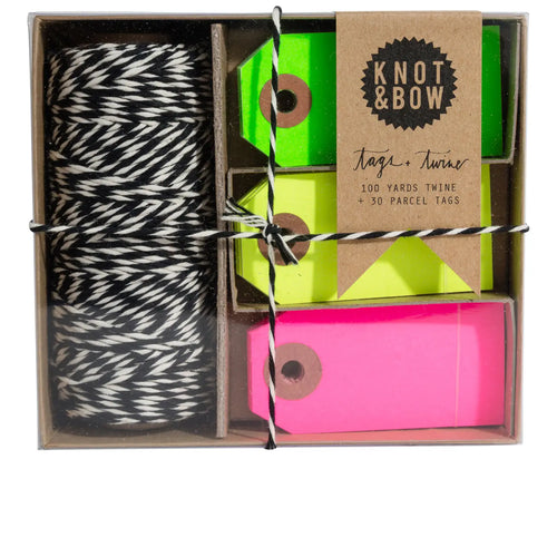 Knot & Bow Gift Tag & Twine Box - Natural Black & Neon