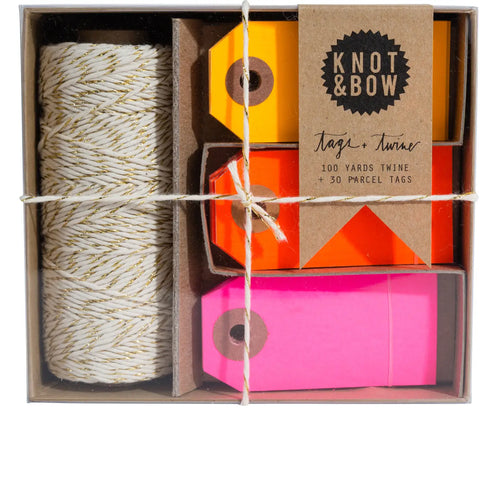 Knot & Bow Gift Tag & Twine Box - Gold Warm Neon
