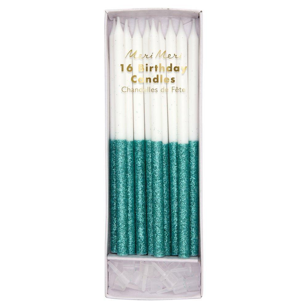 Green Glitter Dipped Party Candles Set 16