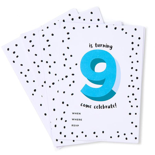 Blue 9th Birthday Party Invites (Pack 12)