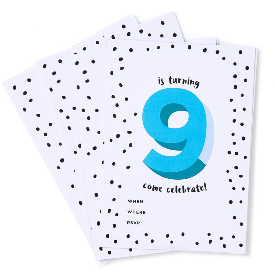 Blue 9th Birthday Party Invites (Pack 12)