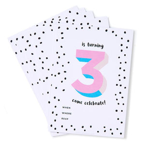 Pink 3nd Birthday Party Invites (Pack 12)