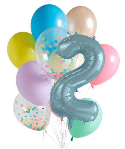 INFLATED Balloon Bunch Pastel Rainbow + Pastel Blue Foil Number