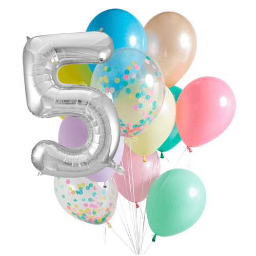 INFLATED Balloon Bunch Pastel Rainbow + Silver Foil Number