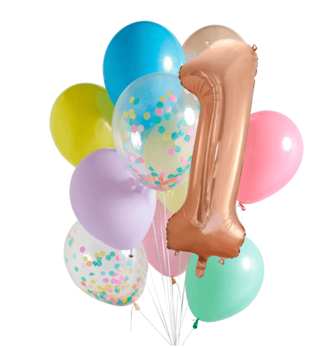 INFLATED Balloon Bunch Pastel Rainbow + Rose Gold Foil Number