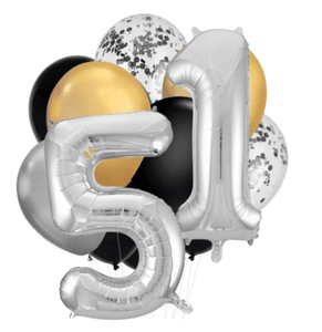 INFLATED Balloon Bunch Black Tie + Silver Number Foil Double Numbers