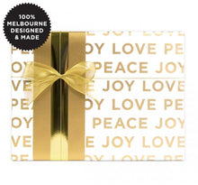 Load image into Gallery viewer, Wrapping Paper Peace Love Joy Gold 5 metres
