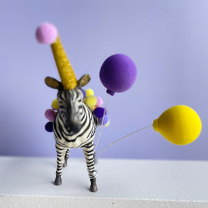 Cake Topper Animal Zebra with Yellow + Purple Balloons